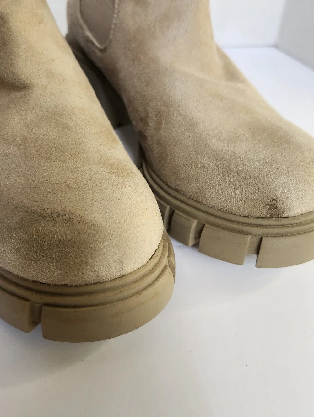 MADDEN GIRL Beige Suede Chelsea Lug Ankle Boots